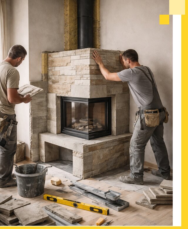 Угловые камины под ключ проект, монтаж и отделка в Губахе