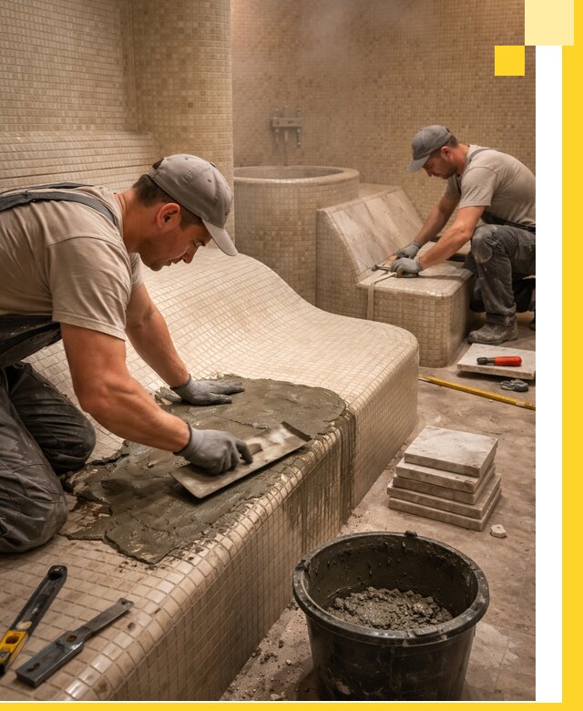 Лежаки для хамама под ключ в Губахе, проект и монтаж